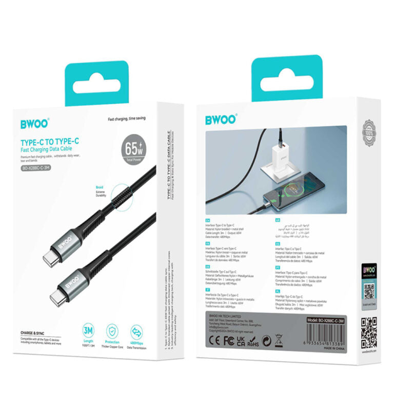 BWOO 60W Type-C to Type-C Fast Charging Cable (3M)(BO-X288C-C) - Black