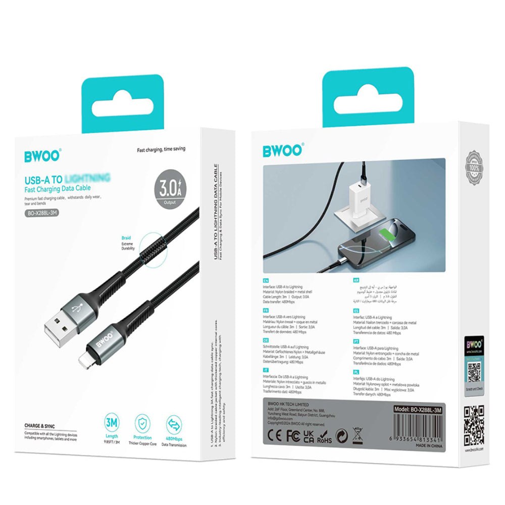 BWOO USB-A to Lightning Fast Charging Data Cable (3M)(BO-X288L-3M) – Black