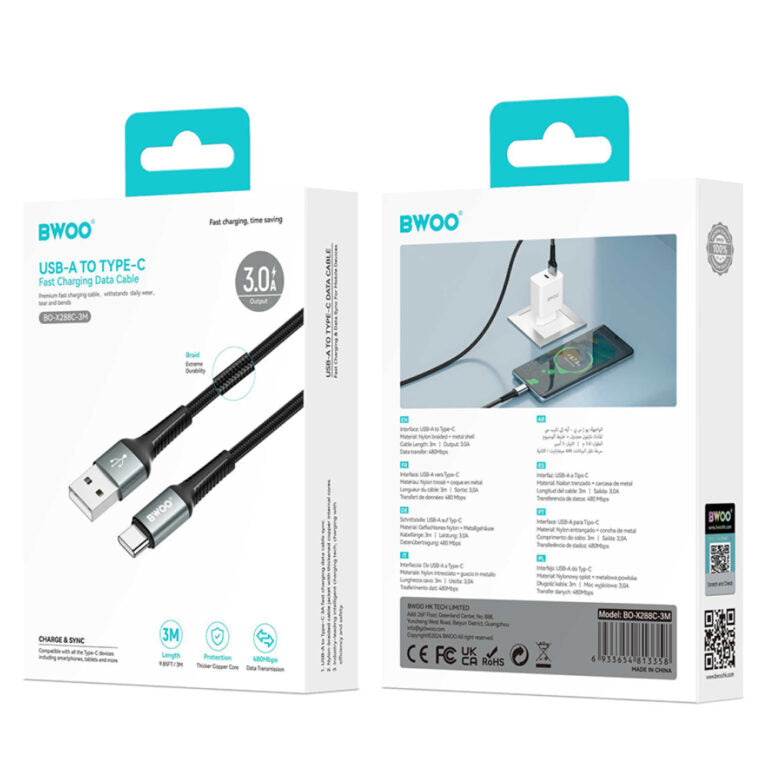 BWOO USB-A to Type-C Fast Charging Data Cable (3M)(BO-X288C-3M) – Black