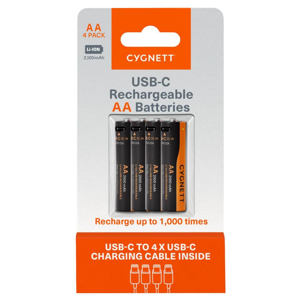 Cygnett AA USB-C Rechargeable Li-ion Battery (4 Pack) – Black