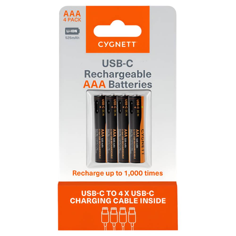 Cygnett AAA USB-C Rechargeable Li-ion Battery (4 Pack) – Black