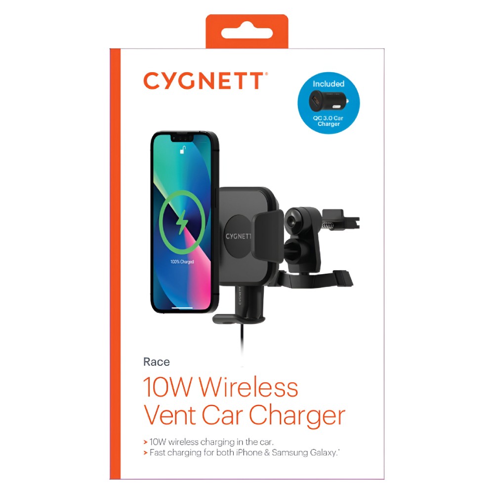 Cygnett Wireless 10W Vent Car Charger Mount + Car Charger and Cable – Black