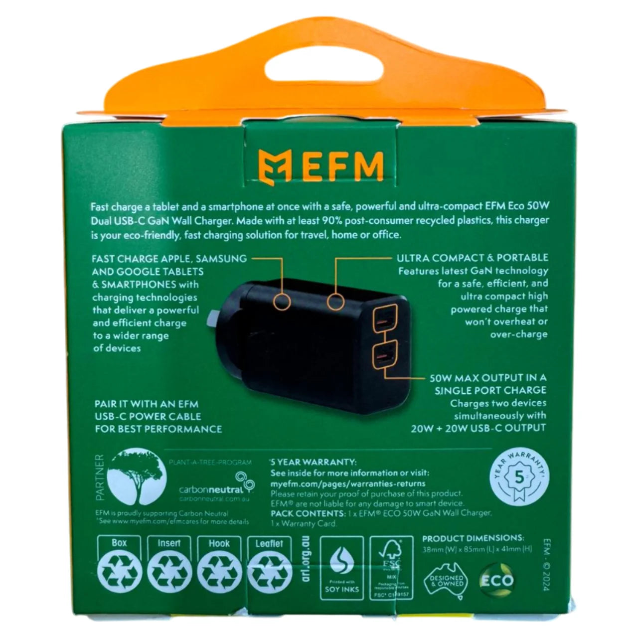 EFM Eco 50W Dual Port GaN Wall Charger with PD and PPS - Black