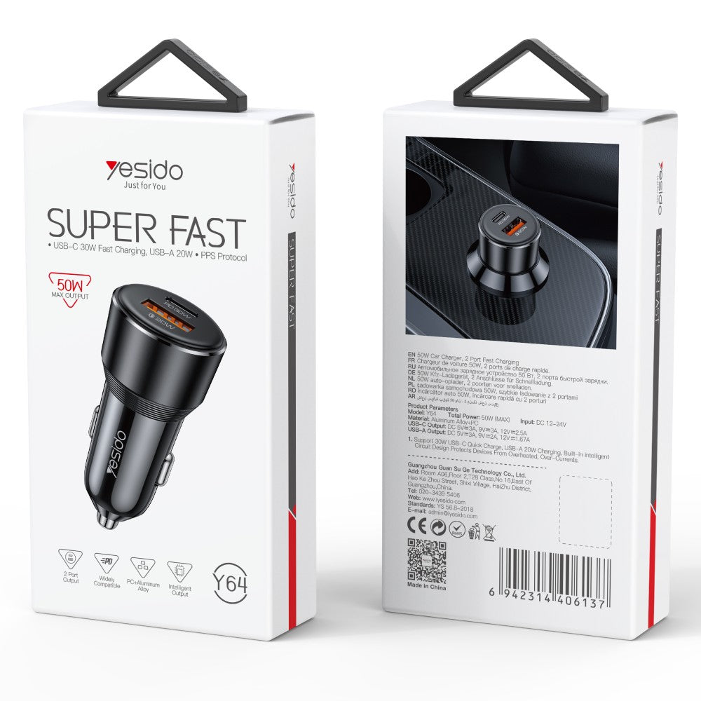 YESIDO SUPER FAST USB-C 30W Fast Charging, USB-A 20W PPS Protocol (Black) (Y64)