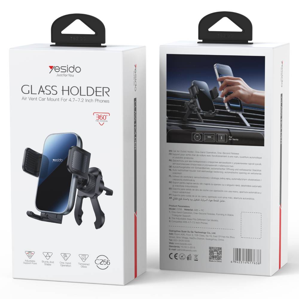 YESIDO CLASS HOLDER Air Vent Car Mount For 4.7-7.2 Inch Phones (Black) (C256)
