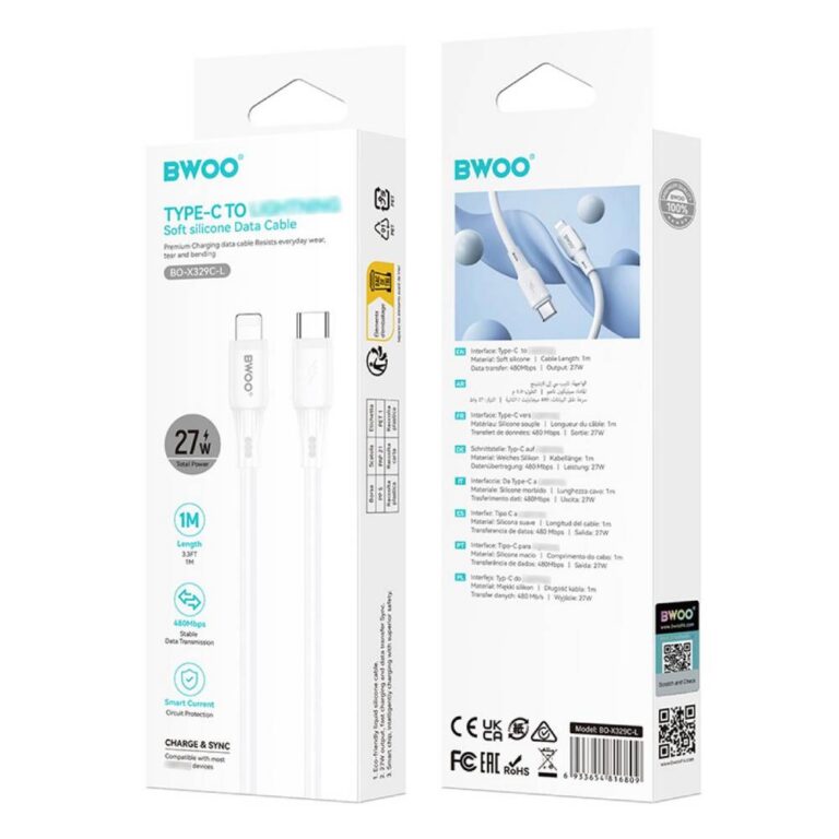 BWOO USB-C to lightning Soft Silicone Fast Charging Data Cable 27W PD (1M)(BO-X329CL) – White