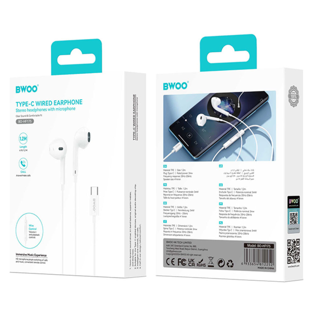 BWOO USB-C Hi-Fi Audio Stereo Wired Earphones (1.2M)(BO-HF175) – White