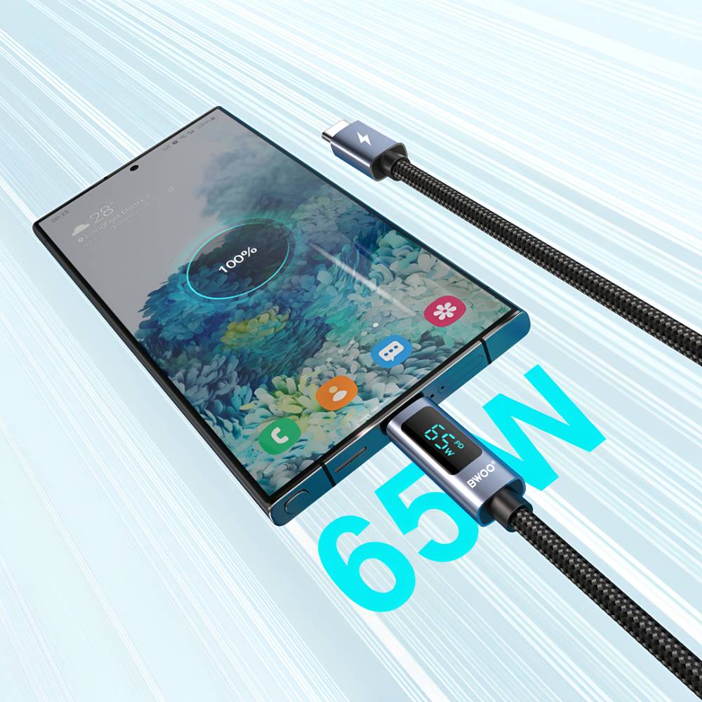 BWOO USB-C to USB-C Charging Cable with LED Display 65W (1M) – Black [BO-X323C-C]