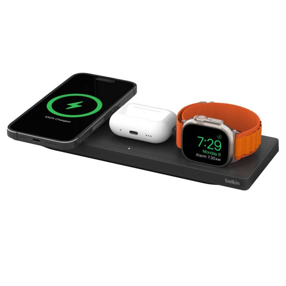 Belkin BOOST CHARGE PRO 3-in-1 Wireless Charging Pad with MagSafe Charging 15W + 40W AC Adapter (Black)