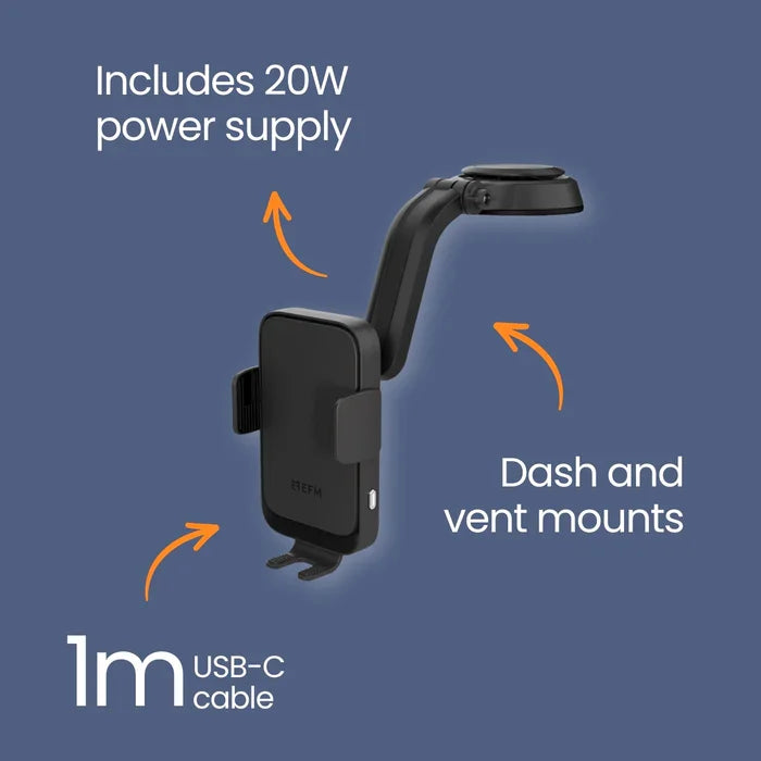 EFM Automatic Dual-Coil Wireless Charging 15W Mount With 20W Car Charger – Black
