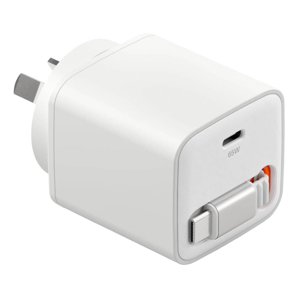 Cygnett PowerPlus 65W USB-C GaN Wall Charger with 80cm Retractable Cable – White