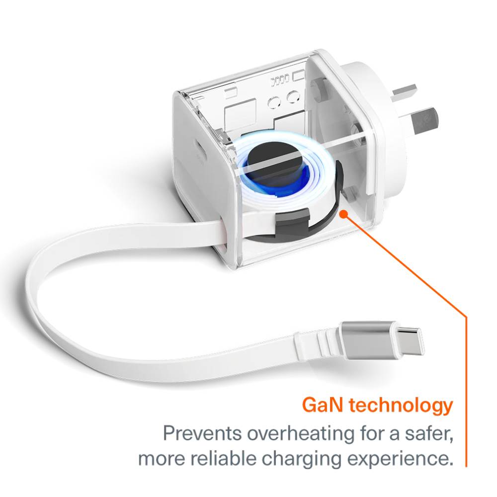 Cygnett PowerPlus 65W USB-C GaN Wall Charger with 80cm Retractable Cable – White