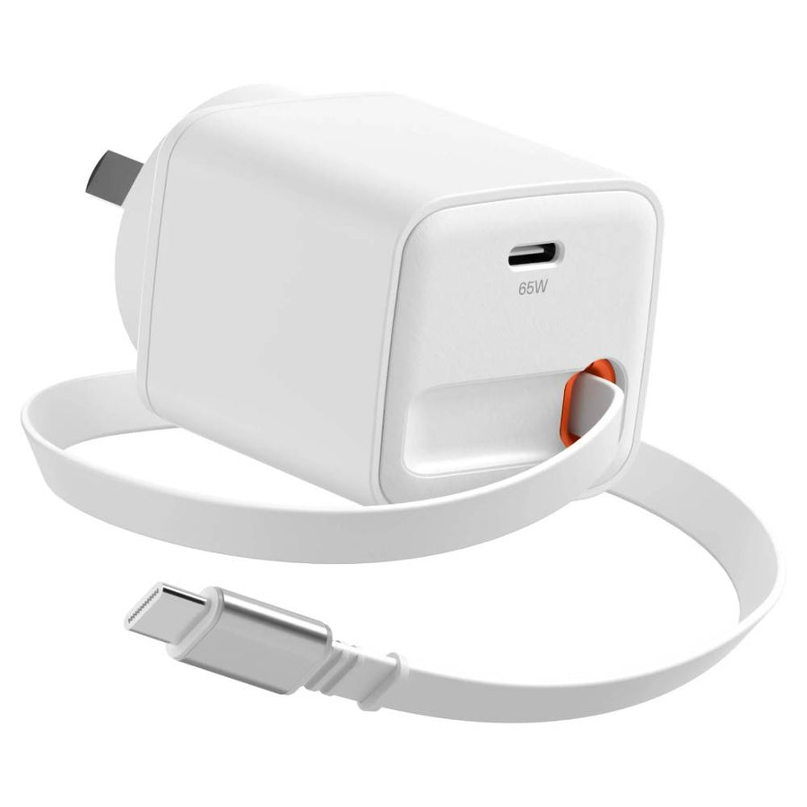 Cygnett PowerPlus 65W USB-C GaN Wall Charger with 80cm Retractable Cable – White