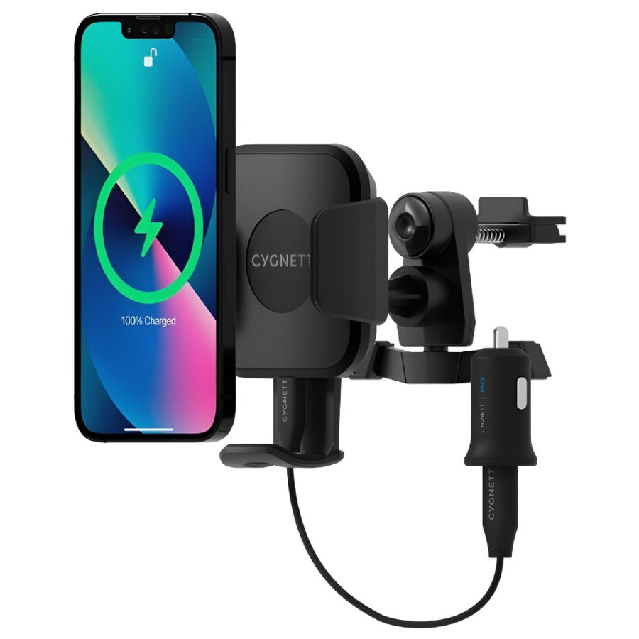 Cygnett Wireless 10W Vent Car Charger Mount + Car Charger and Cable – Black