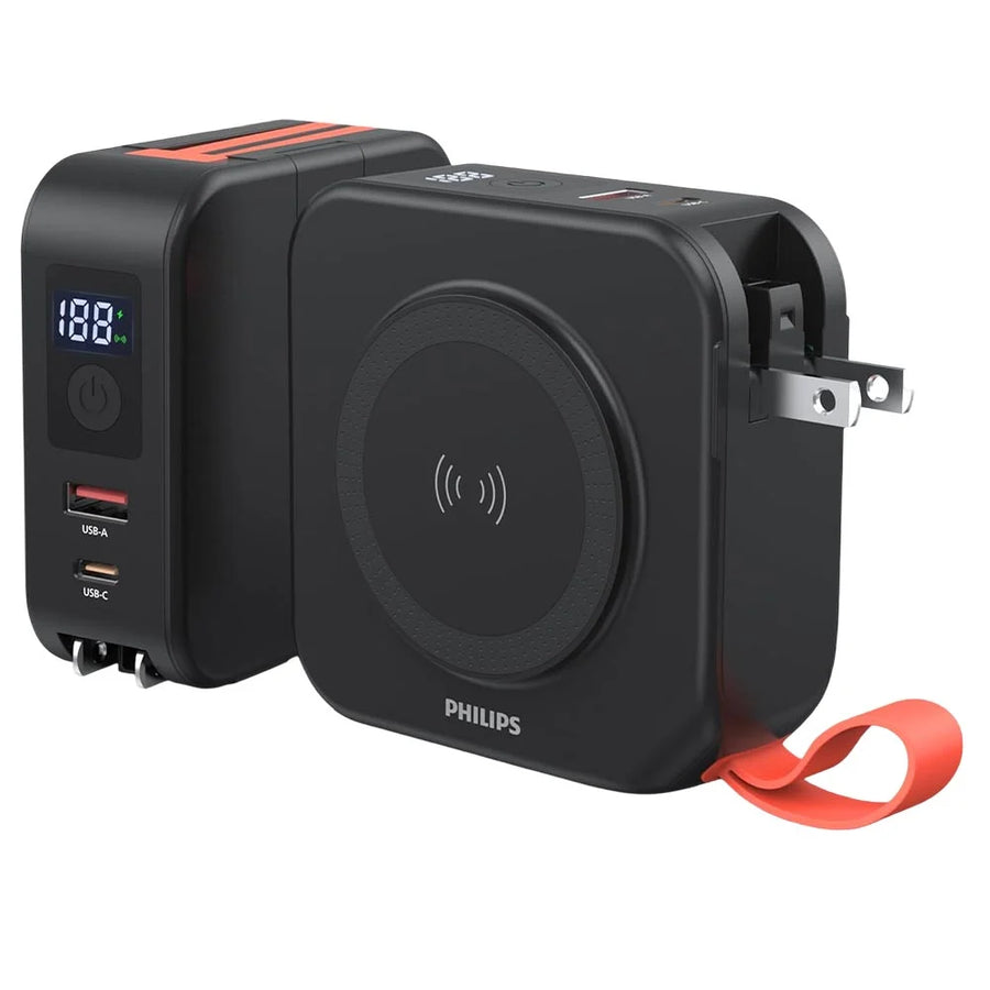 PHILIPS 3 in 1 Power Bank Wireless 10000mAh 20W Travel Charger with USB-C Cable and AU, EU, UK Adapt
