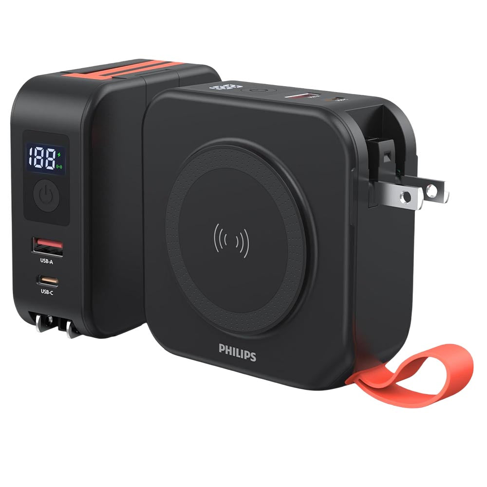 PHILIPS 3 in 1 Power Bank Wireless 10000mAh 20W Travel Charger with USB-C Cable and AU, EU, UK Adapters - Black