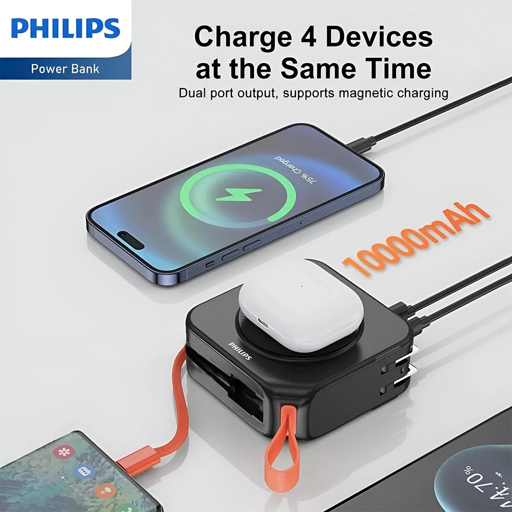 PHILIPS 3 in 1 Power Bank Wireless 10000mAh 20W Travel Charger with USB-C Cable and AU, EU, UK Adapt