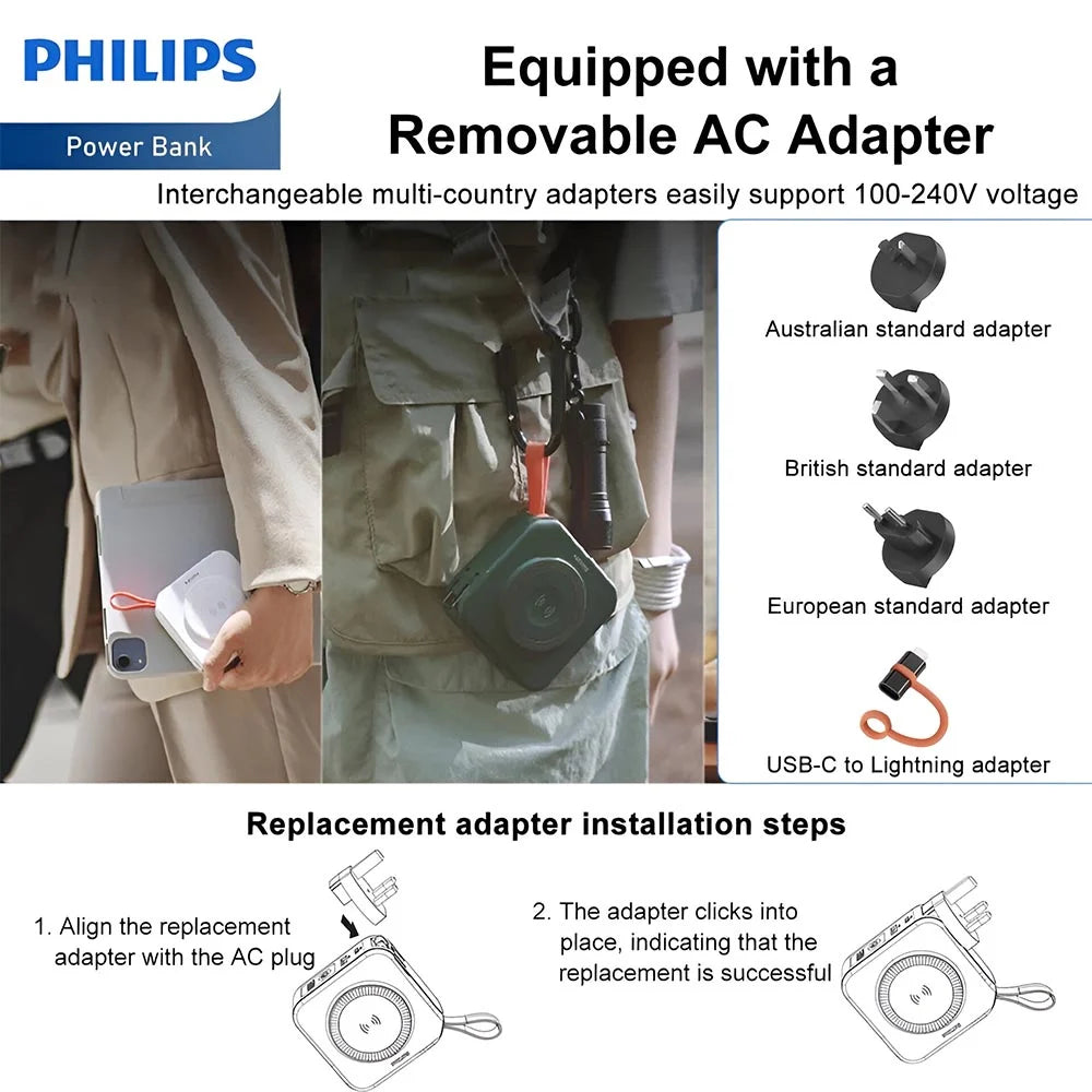 PHILIPS 3 in 1 Power Bank Wireless 10000mAh 20W Travel Charger with USB-C Cable and AU, EU, UK Adapt