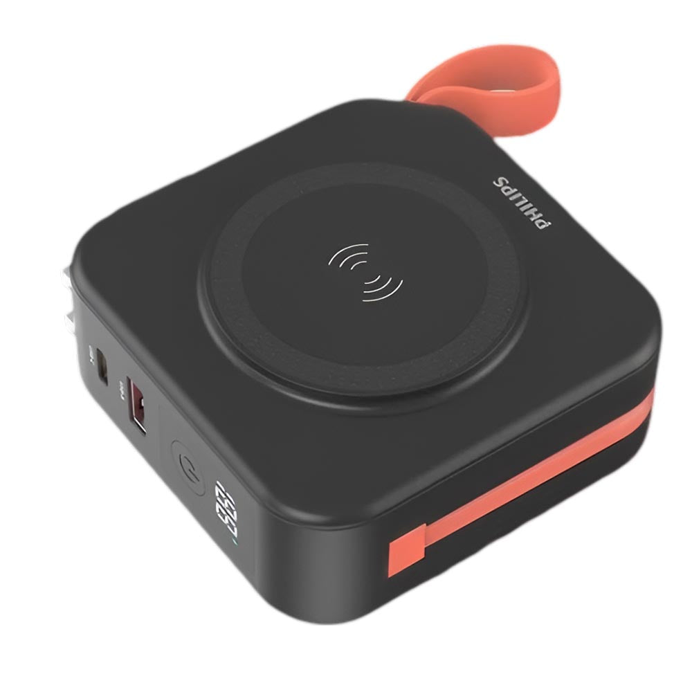 PHILIPS 3 in 1 Power Bank Wireless 10000mAh 20W Travel Charger with USB-C Cable and AU, EU, UK Adapters - Black