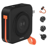 PHILIPS 3 in 1 Power Bank Wireless 10000mAh 20W Travel Charger with USB-C Cable and AU, EU, UK Adapters - Black