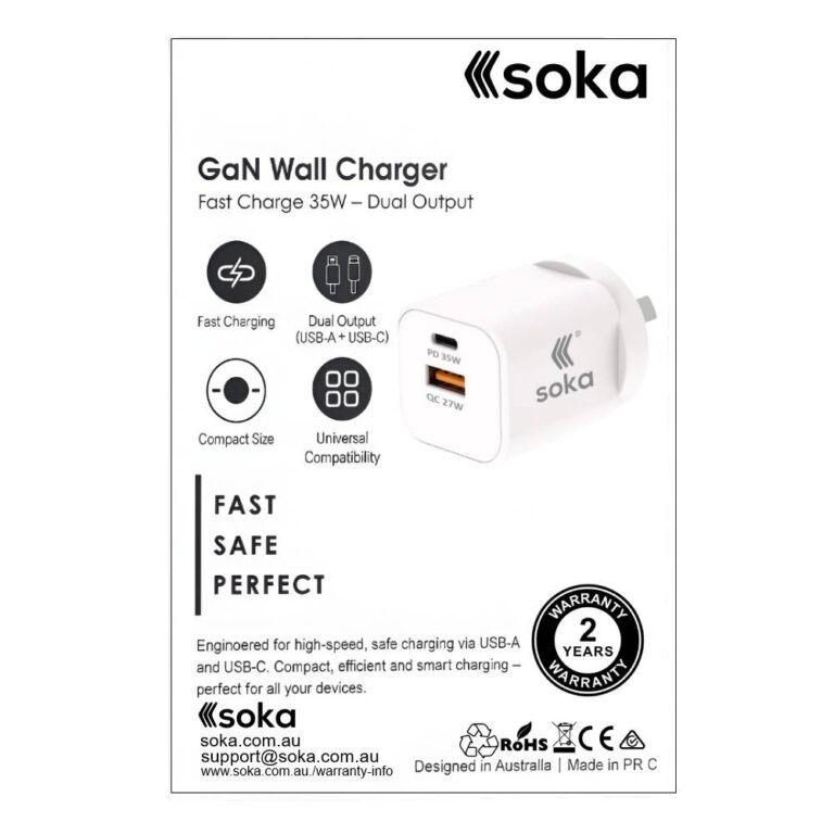 Soka Fast Wall Charger Gan3 35W USB-C PD + USB-A QC27W (Max 15W) – White