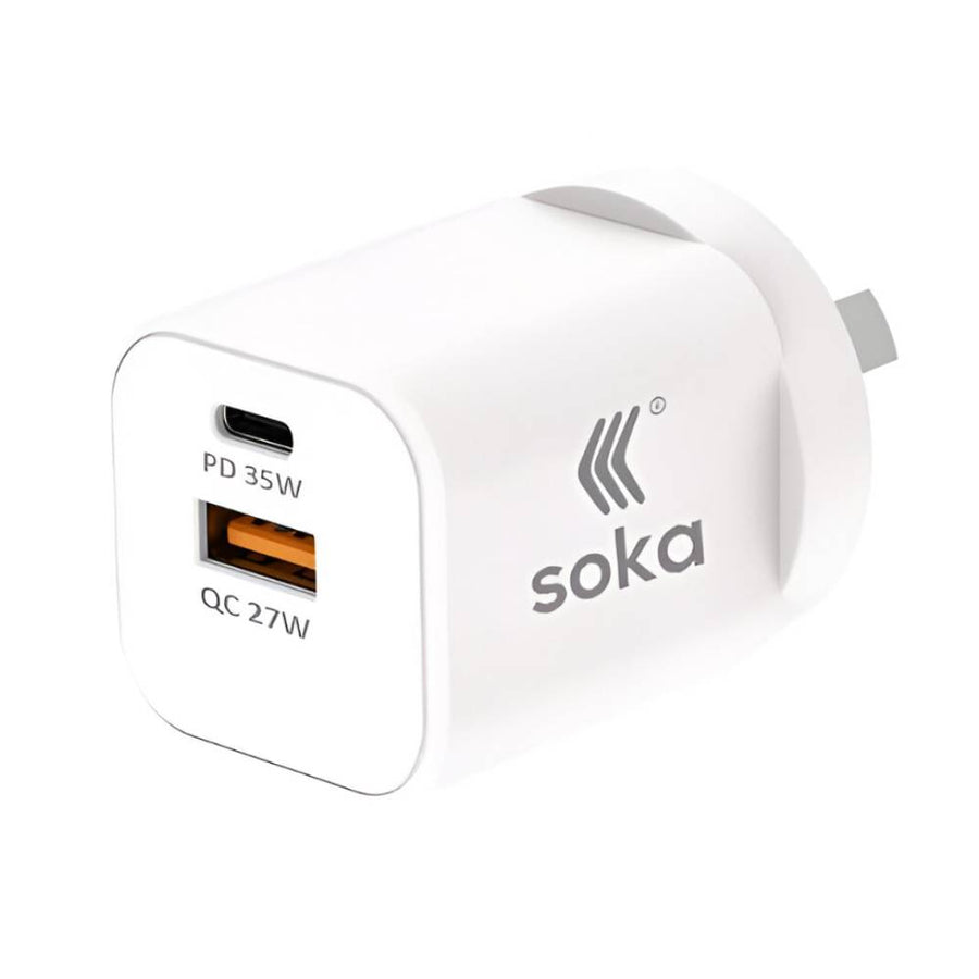 Soka Fast Wall Charger Gan3 35W USB-C PD + USB-A QC27W (Max 15W) – White
