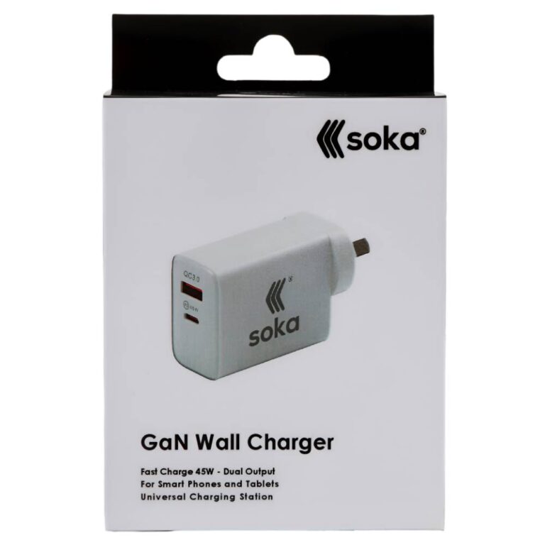 Soka 45W Gan3 Fast Wall Charger Adapter [USB C + USB A] – White