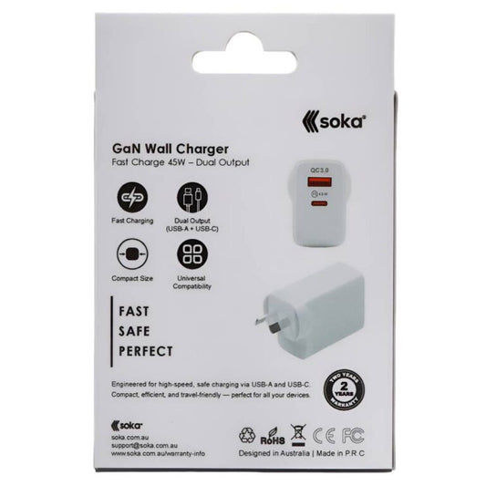 Soka 45W Gan3 Fast Wall Charger Adapter [USB C + USB A] – White