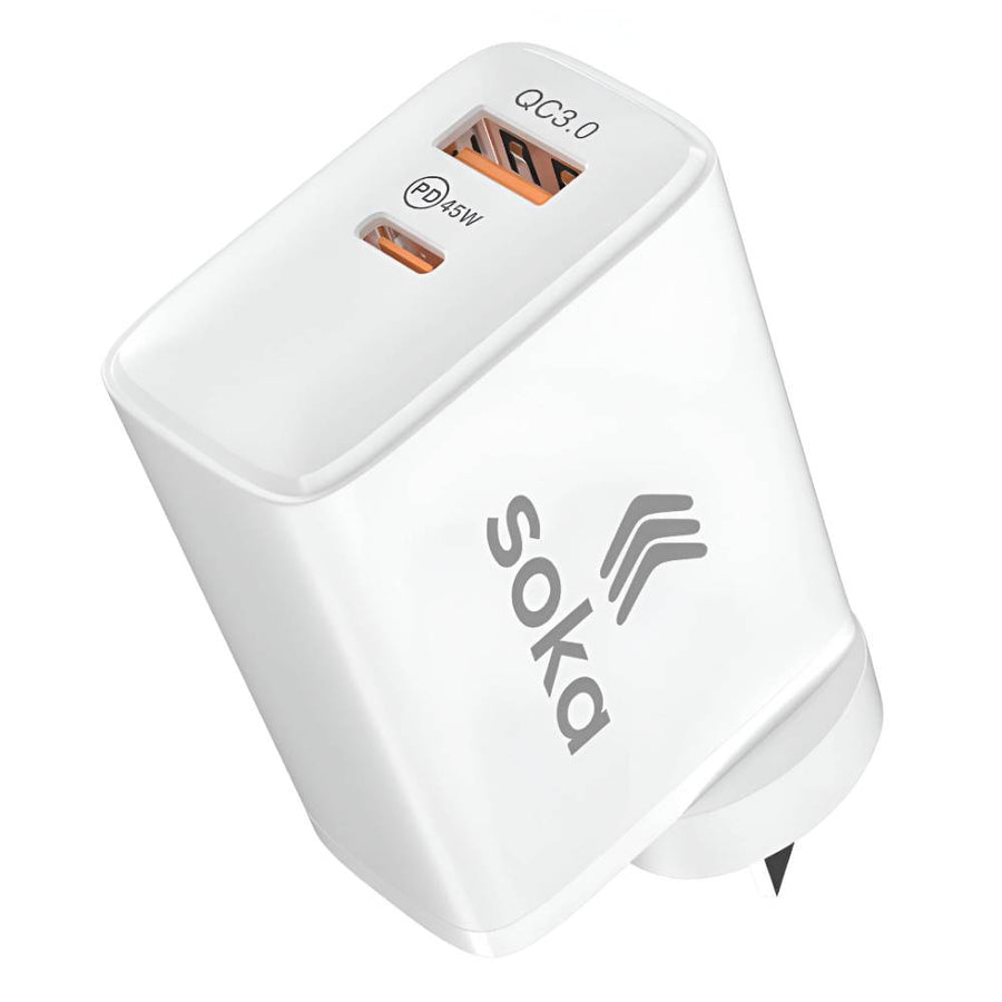 Soka 45W Gan3 Fast Wall Charger Adapter [USB C + USB A] – White