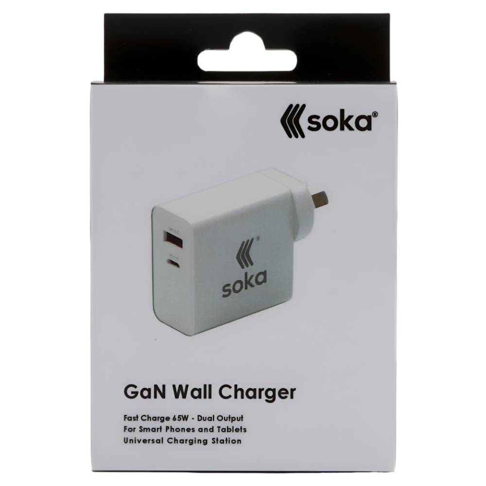 Soka 65W Gan3 Fast Wall Charger Adapter [USB C + USB A] – White