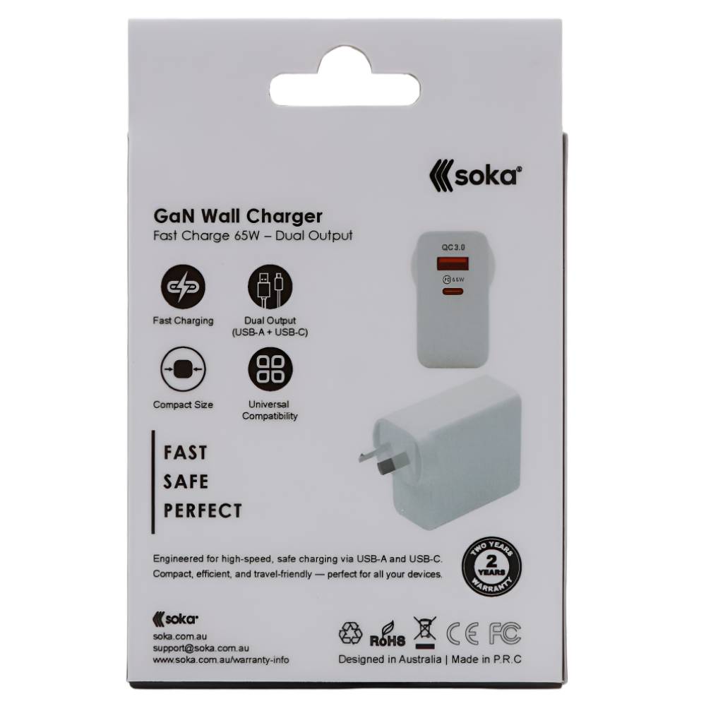 Soka 65W Gan3 Fast Wall Charger Adapter [USB C + USB A] – White