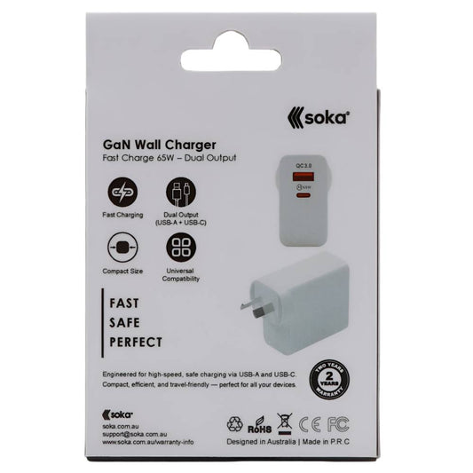 Soka 65W Gan3 Fast Wall Charger Adapter [USB C + USB A] – White
