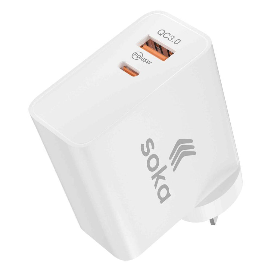 Soka 65W Gan3 Fast Wall Charger Adapter [USB C + USB A] – White