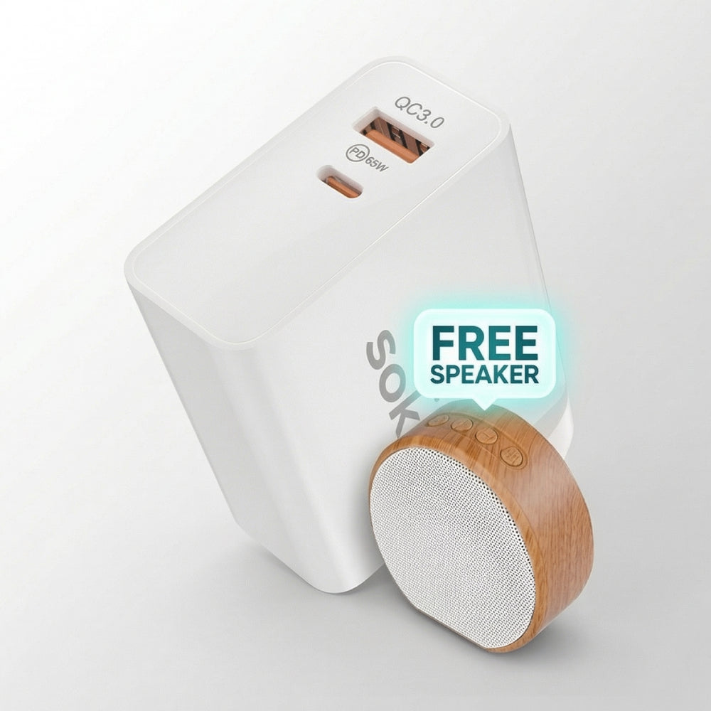 Soka 65W Gan3 Fast Wall Charger Adapter [USB C + USB A] – White with Free Speaker