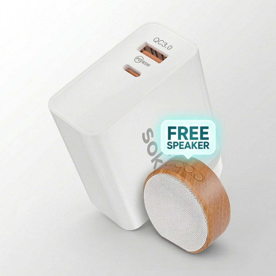 Soka 65W Gan3 Fast Wall Charger Adapter [USB C + USB A] – White with Free Speaker