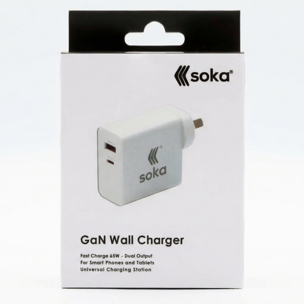 Soka 65W Gan3 Fast Wall Charger Adapter [USB C + USB A] – White with Free Speaker