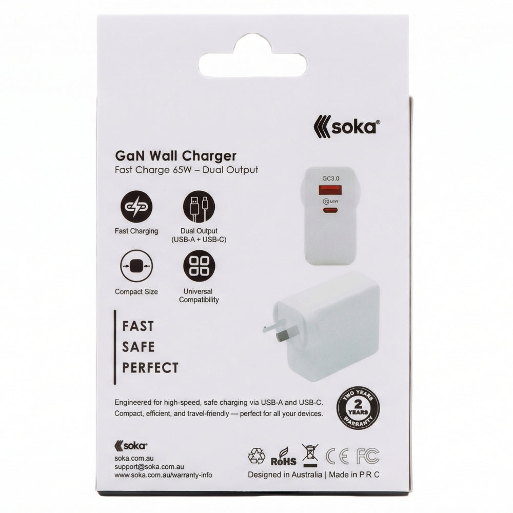 Soka 65W Gan3 Fast Wall Charger Adapter [USB C + USB A] – White with Free Speaker