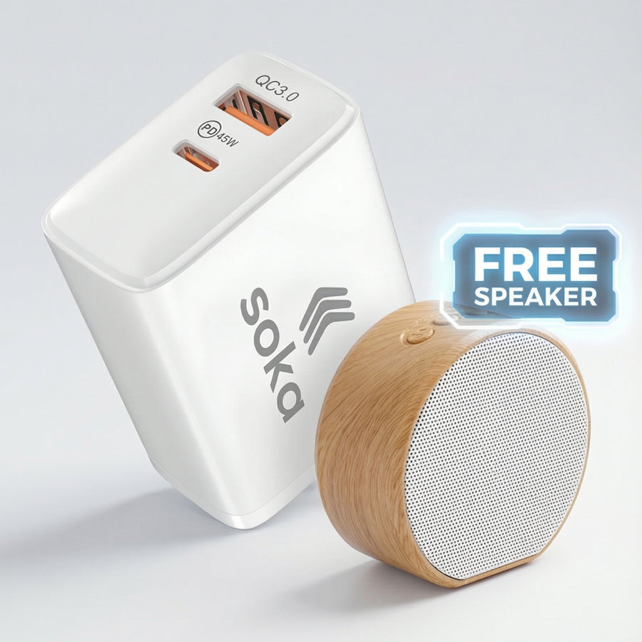 Soka 45W Gan3 Fast Wall Charger Adapter [USB C + USB A] – White with Free Speaker