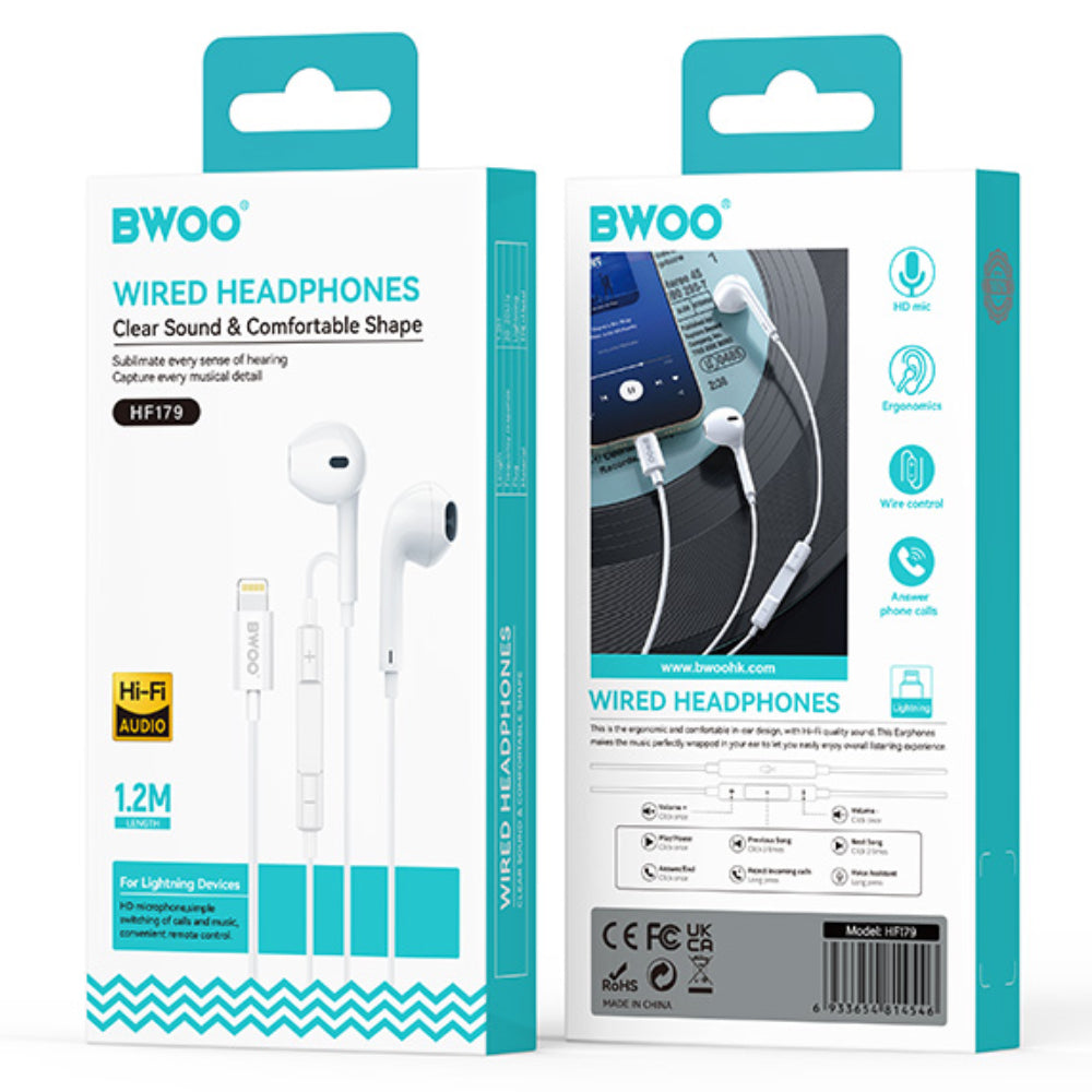 BWOO Lightning Hi-Fi Audio Stereo Wired Earphones (1.2M)(BO-HF179) – White