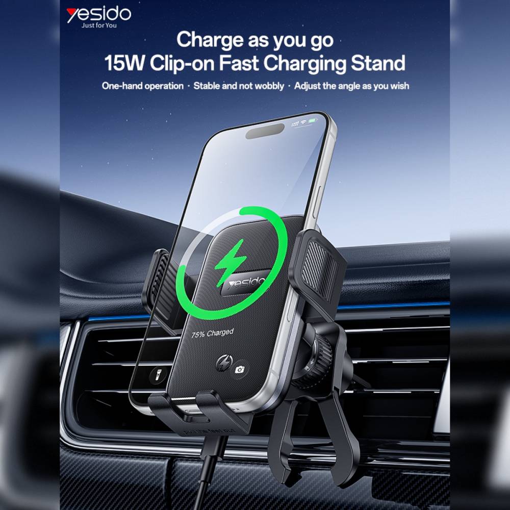 YESIDO 15W Qi WIRELESS HOLDER Wireless Charger Car Air Vent Clip-on Phone Holder (Black) (C318)