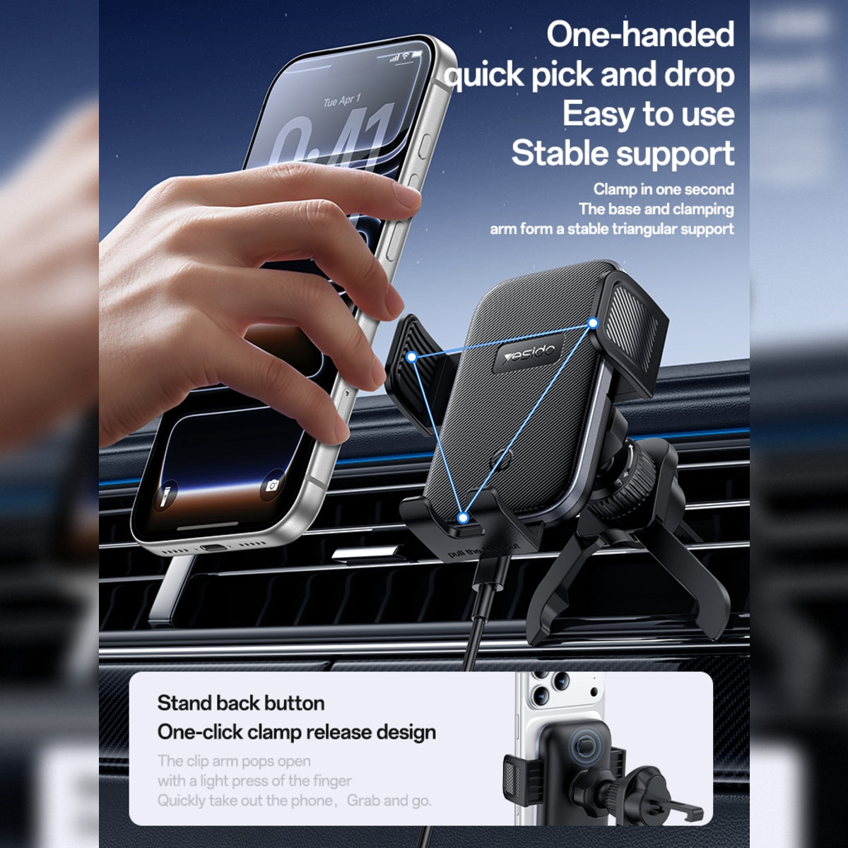 YESIDO 15W Qi WIRELESS HOLDER Wireless Charger Car Air Vent Clip-on Phone Holder (Black) (C318)