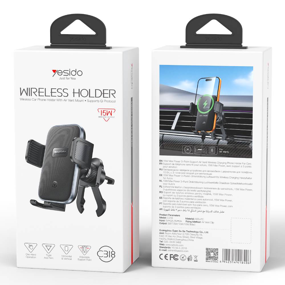 YESIDO 15W Qi WIRELESS HOLDER Wireless Charger Car Air Vent Clip-on Phone Holder (Black) (C318)