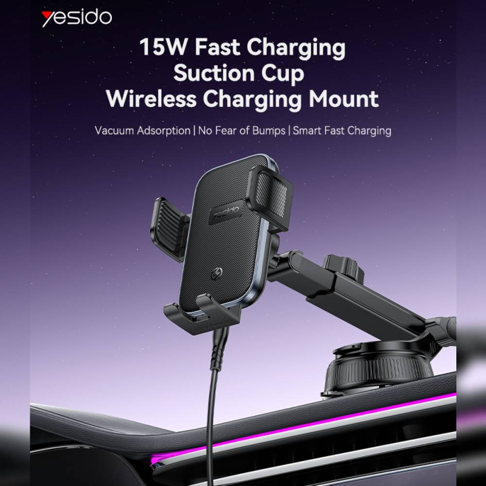 YESIDO 15W Qi Wireless Car Charger and Phone Holder with Suction-Cup Clip (Black) (C320)