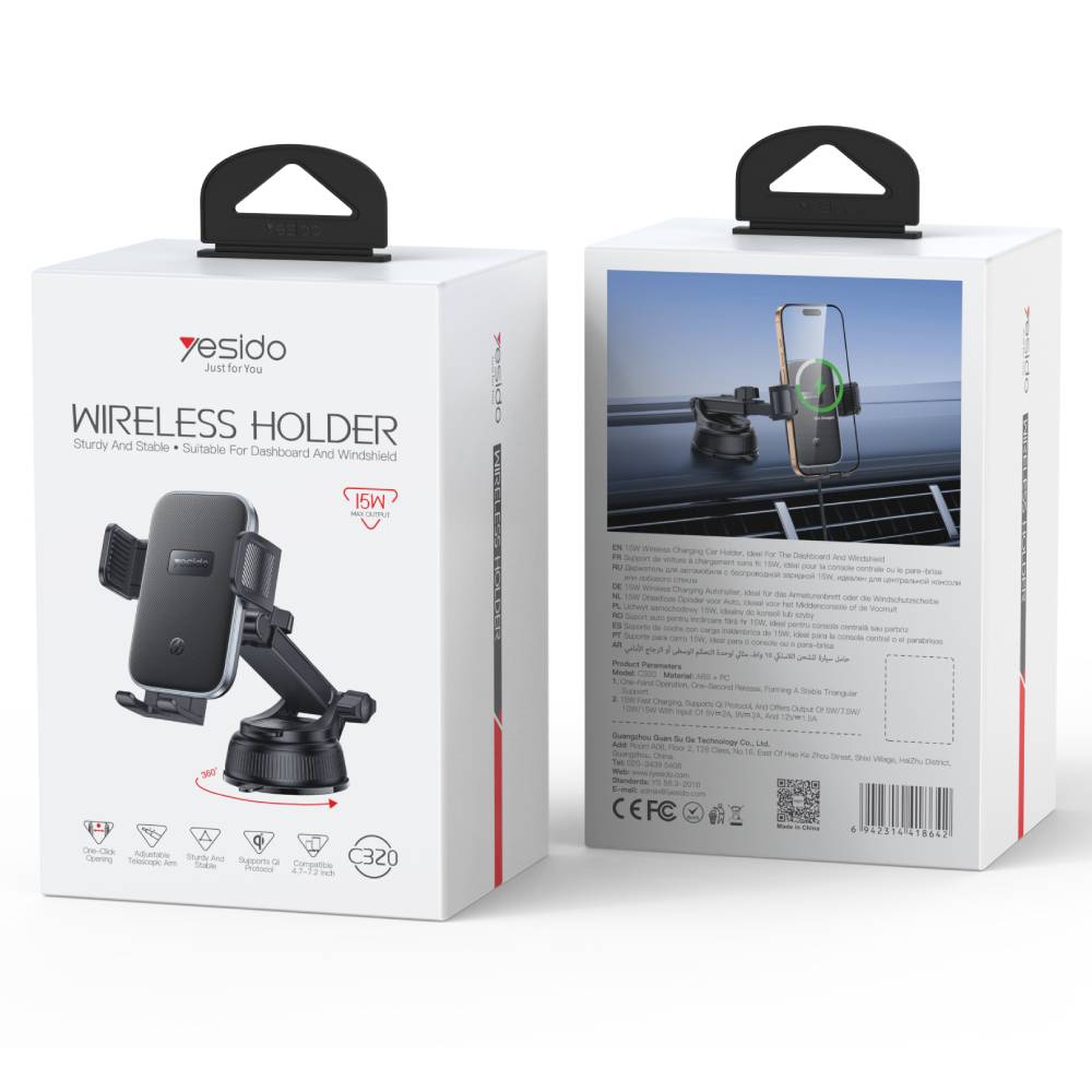 YESIDO 15W Qi Wireless Car Charger and Phone Holder with Suction-Cup Clip (Black) (C320)