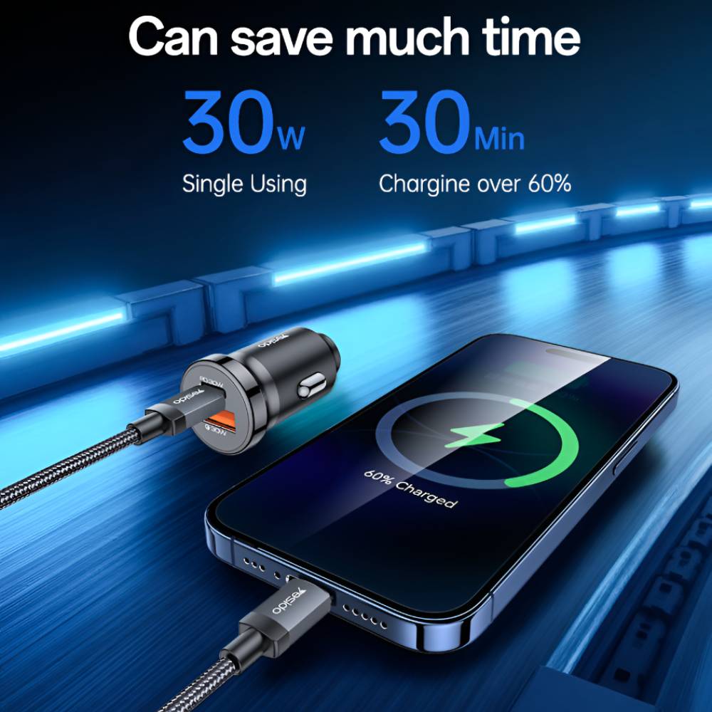 YESIDO SUPER FAST PD30W USB-A + USB-C Dual Port Fast Charge With 1M USB-C 60W Cable (Black) (Y72)