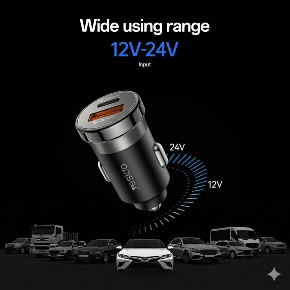 YESIDO SUPER FAST PD30W USB-A + USB-C Dual Port Fast Charge With 1M USB-C 60W Cable (Black) (Y72)
