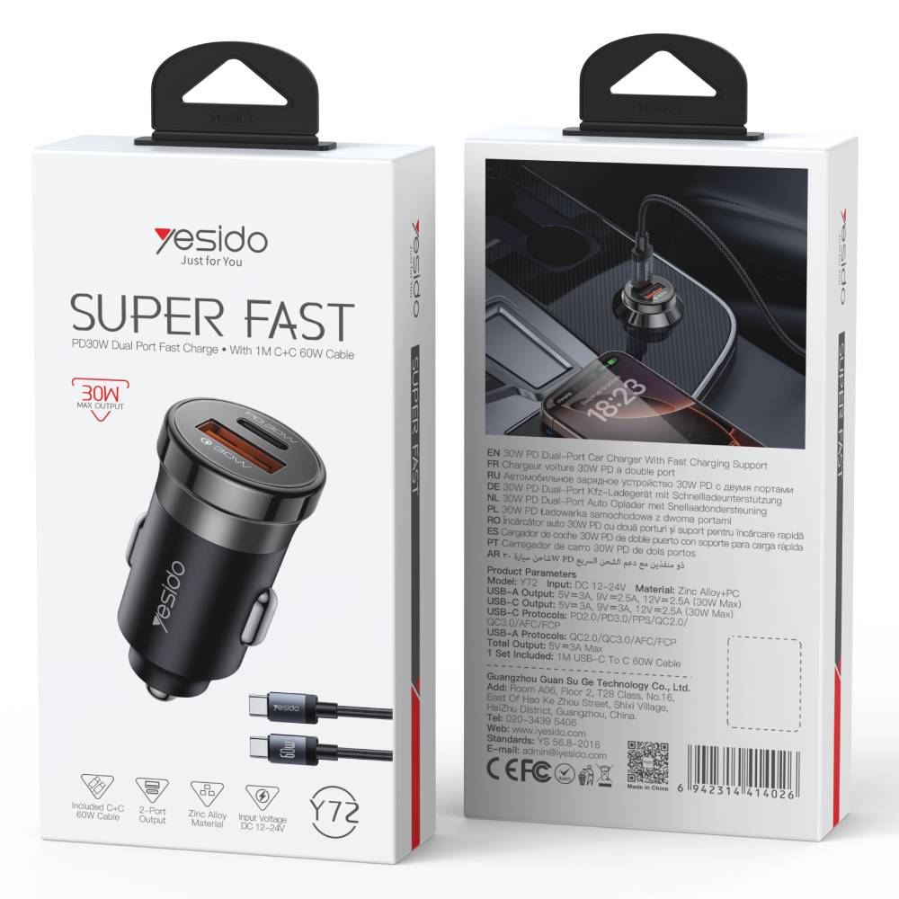 YESIDO SUPER FAST PD30W USB-A + USB-C Dual Port Fast Charge With 1M USB-C 60W Cable (Black) (Y72)