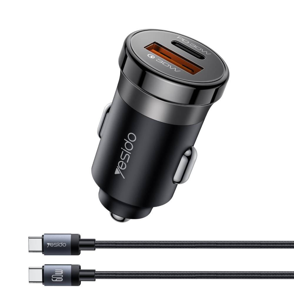 YESIDO SUPER FAST PD30W USB-A + USB-C Dual Port Fast Charge With 1M USB-C 60W Cable (Black) (Y72)