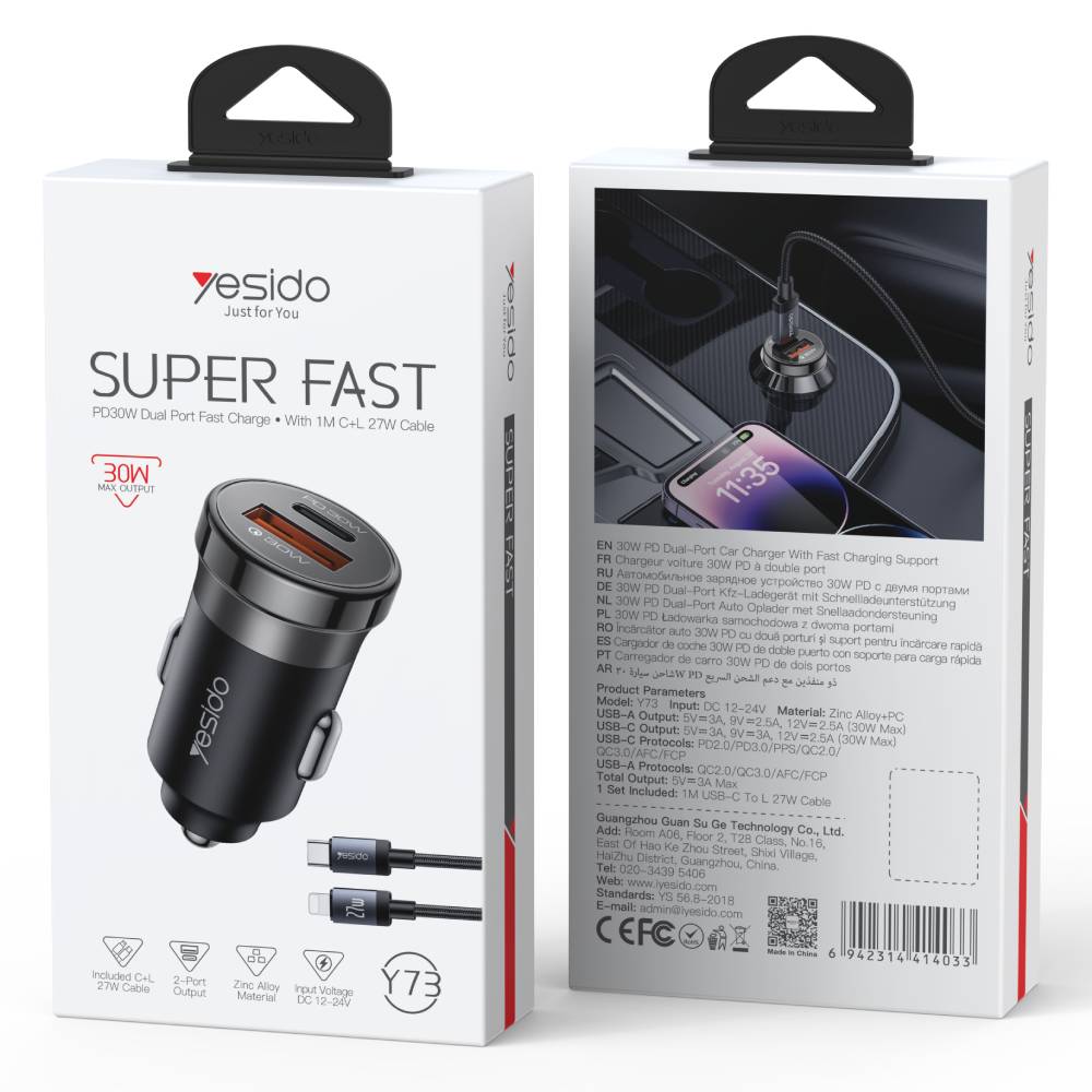 YESIDO SUPER FAST PD30W USB-A + USB-C Dual Port Fast Charge With 1M USB-Cto Lightning 27W Cable (Black) (Y73)