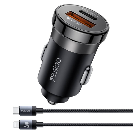 YESIDO SUPER FAST PD30W USB-A + USB-C Dual Port Fast Charge With 1M USB-Cto Lightning 27W Cable (Black) (Y73)